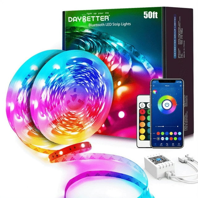 DAYBETTER 50ft LED Strip Lights,Color Changing Music Sync with Remote Control,Timer Schedule,Led Lights for Room,Bedroom(APP+Remote +Mic)