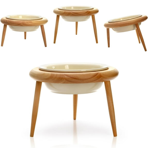DEAYOU Ceramic Cat Bowl Adjustable, Tilted Elevated Raised Dish, No Spill Food Water Feeder, Slanted Dog Bowl with Wood Stand for Kitty, Supplies, Stress Free, 600 ML/20 OZ, Cream White C49