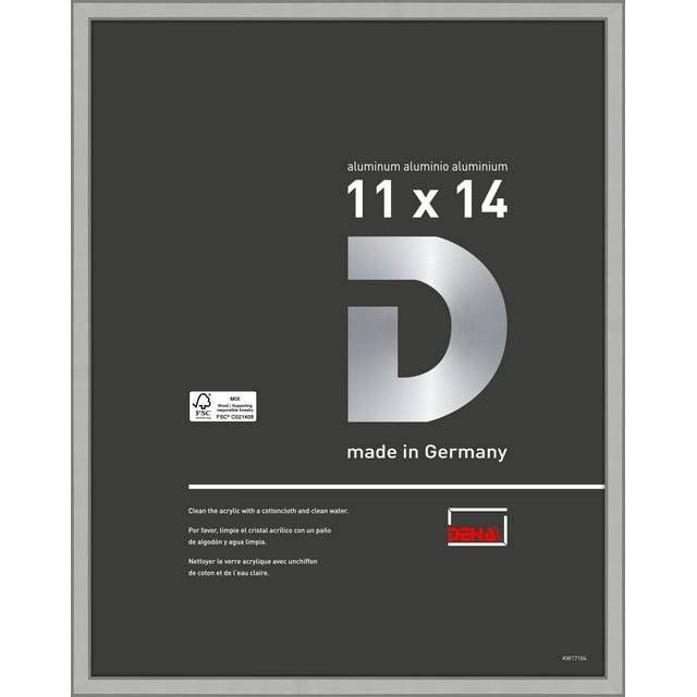 DEHA Design 11x14 Picture Frame Boston Frosted Silver Aluminum Metal Frame with Shatter Resistant Acrylic Glass Horizontal and Vertical format.