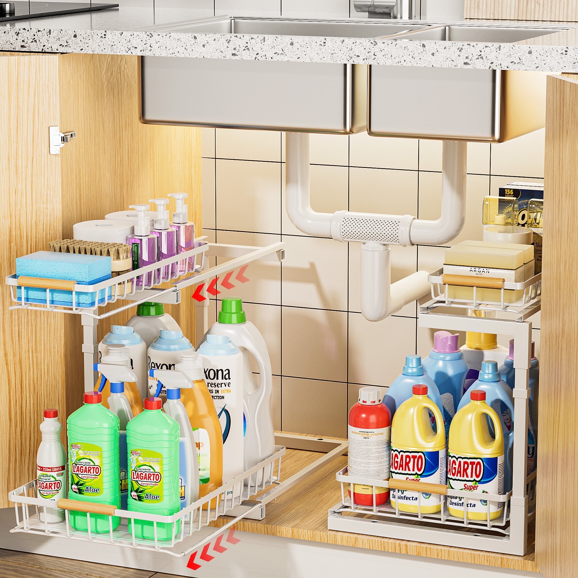 Delamu 2 Pack Under Sink Organizer and Storage, 2 Tier Pull Out Cabinet Organizer, Slide Out Under Sink Storage Shelf for Kitchen Bathroom, White