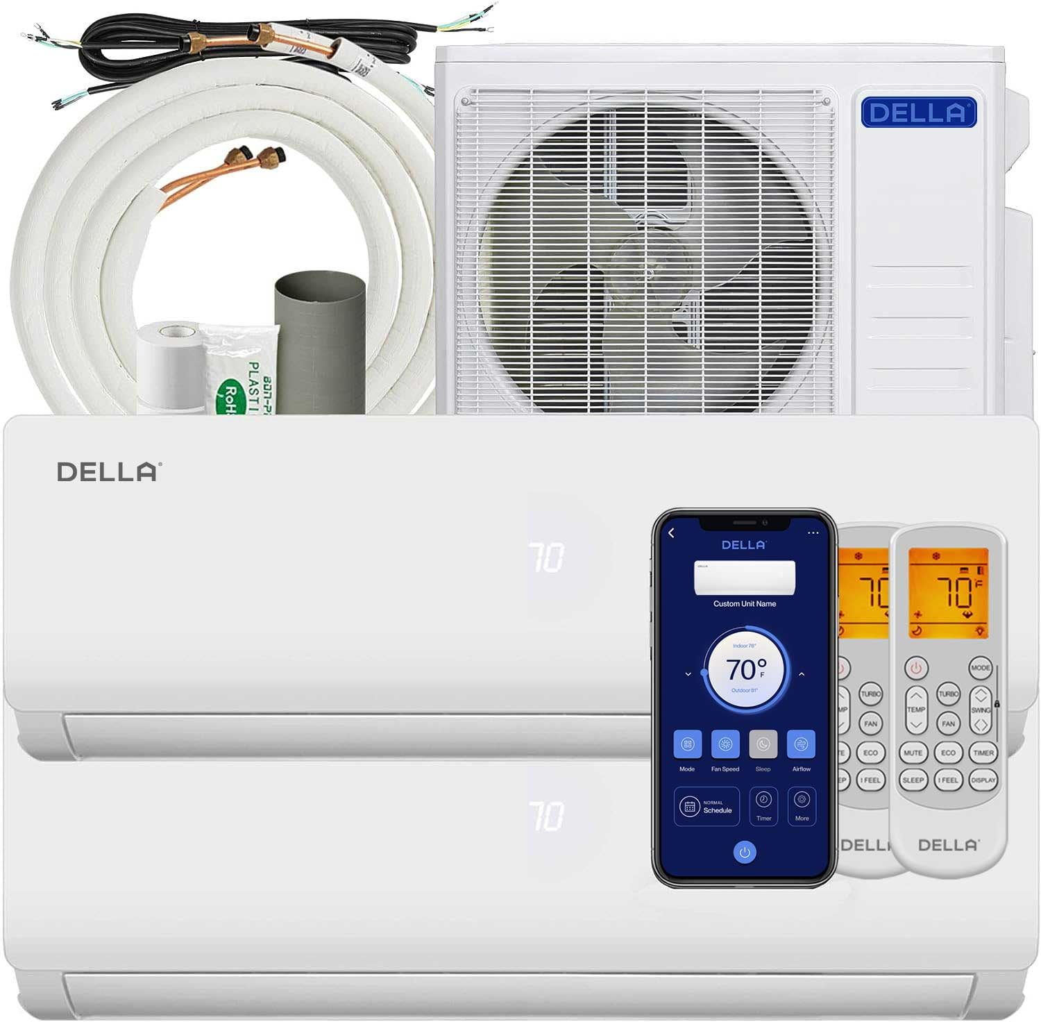 DELLA 18K BTU ODU 2 Zone 9000 12000 BTU 19 SEER 208/230V Cools Up to 950 Sq.Ft Wifi Energy Efficient Multi Zone Ductless Mini Split Air Conditioner Heat Pump Full Set with 16ft Installation Kits