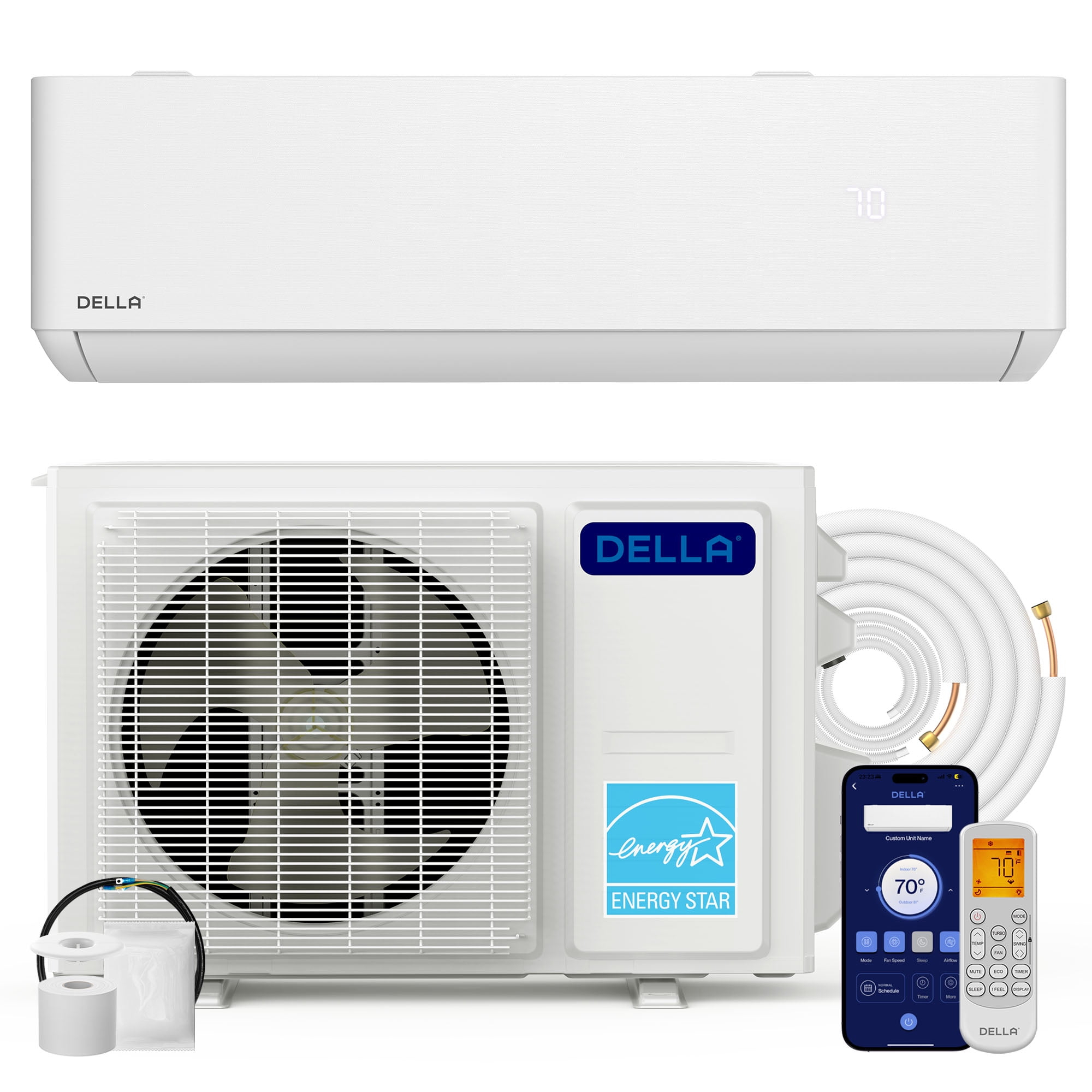 DELLA Optima Series 24,000 BTU Wifi Mini Split, Work with Alexa, Energy Star 208/230V 20 SEER2 Cools Up to 1500 Sq.Ft Inverter Air Conditioner w/2 Ton Pre-Charged Heat Pump & 16.4ft Installation Kits