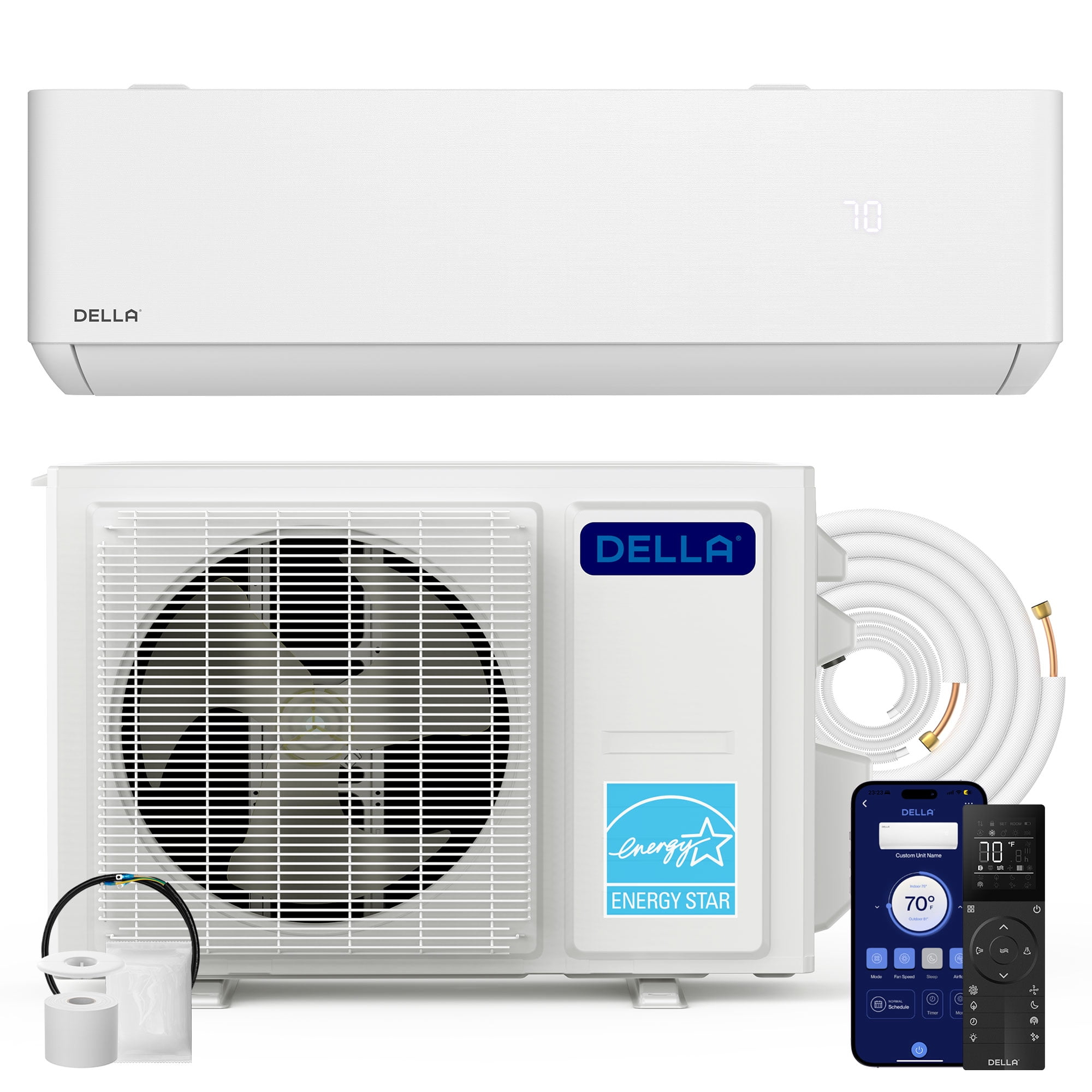 DELLA Optima Series 9000 BTU Wifi Mini Split, Work w/ Alexa,Energy Star 208/230V 23.5 SEER2 Cools Up to 400 Sq.Ft Inverter Air Conditioner w/0.75 Ton Pre-Charged Heat Pump & 16.4ft Installation Kits
