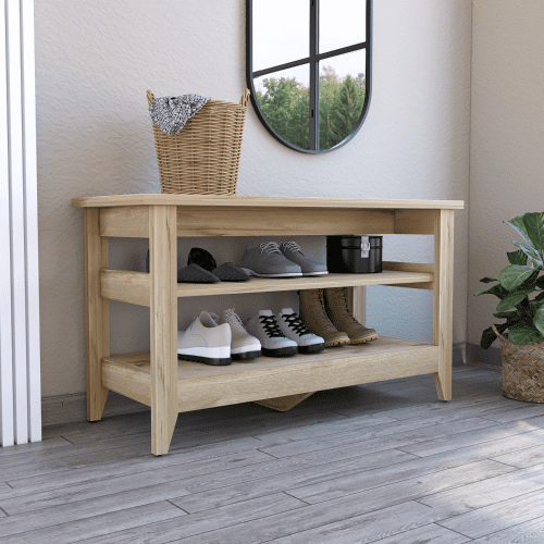 Depot E-Shop Mason Storage Bench With 4 Legs And 2 Open Shelves, Light Oak