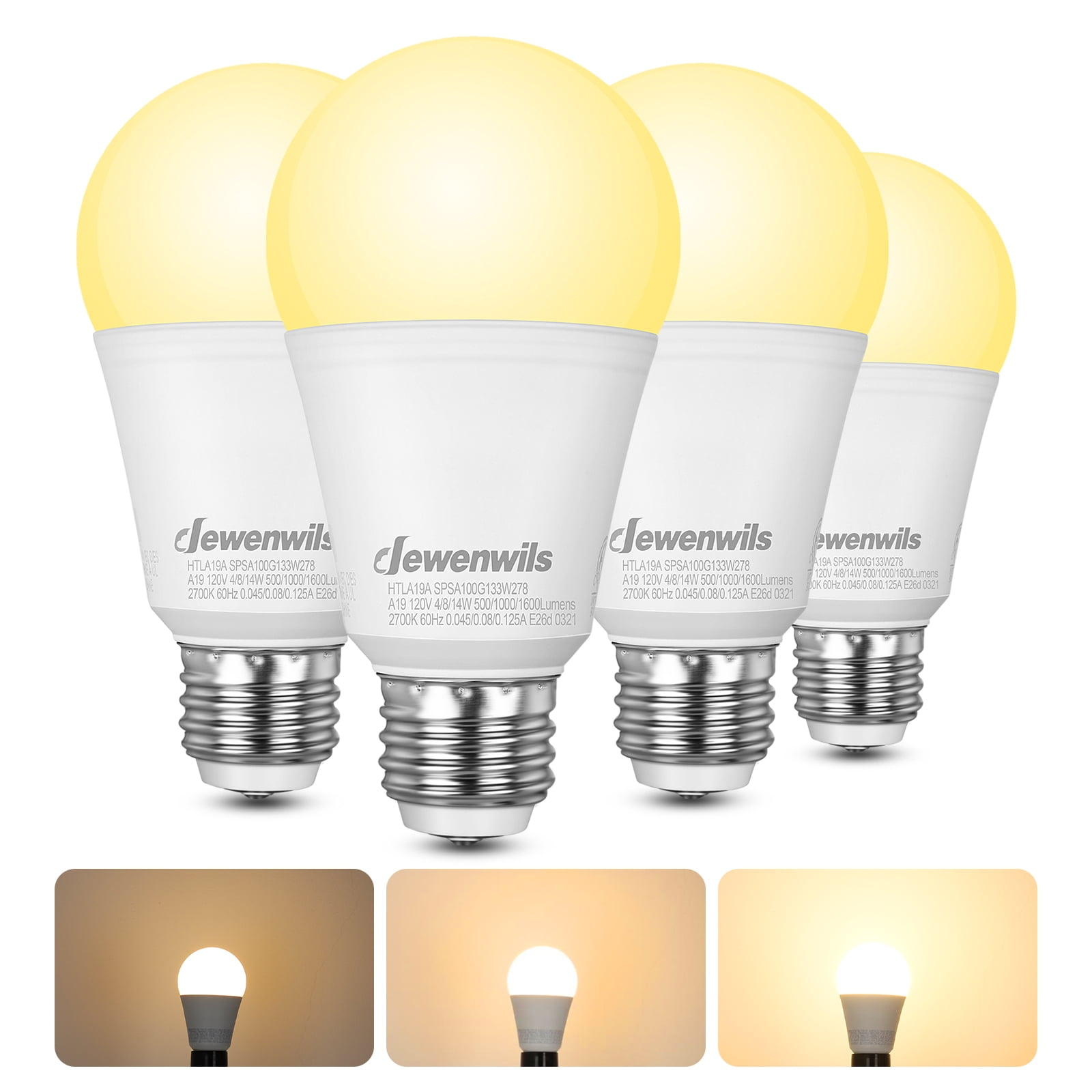 DEWENWILS 3 Way Light Bulbs Soft White, 40/60/100W Equivalent, 2700K LED Light Bulbs E26 Medium Base, 500/1000/1600LM, 4-Pack
