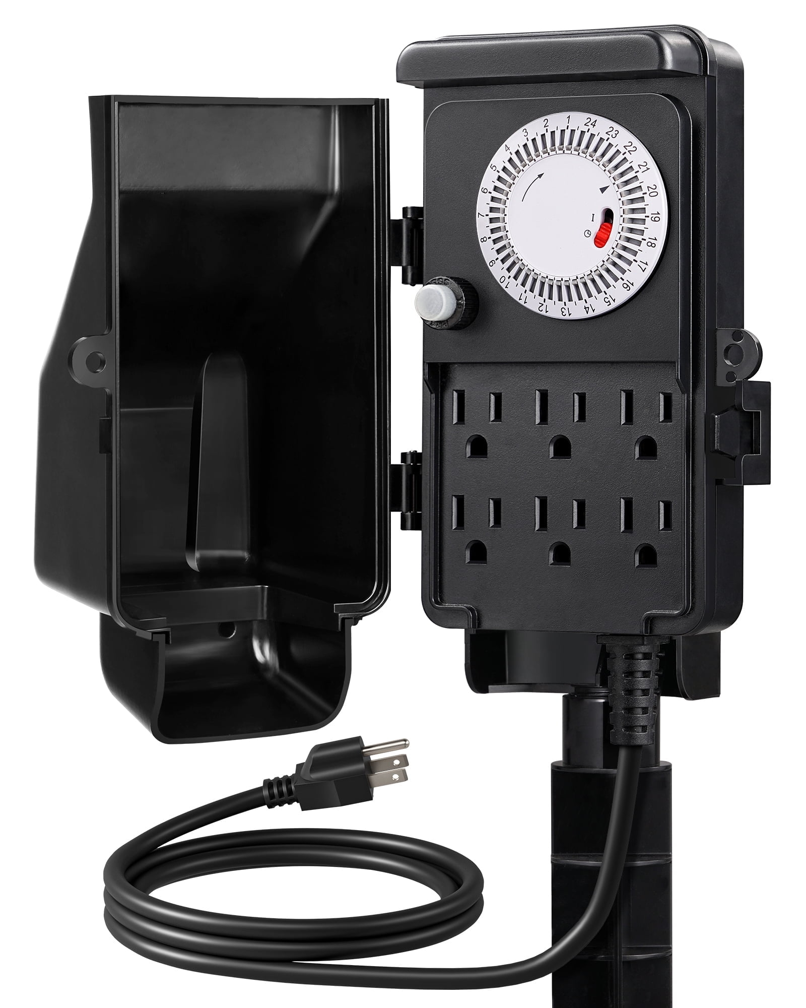 DEWENWILS Mechanical Outdoor Power Stake Timers for 6 Outlets, 6FT Extension Cords, Garden Power Strip Stake Timers for for Holiday/Christmas Decor, Lights, 24 Hour Multi Socket Timer,1800W/15A