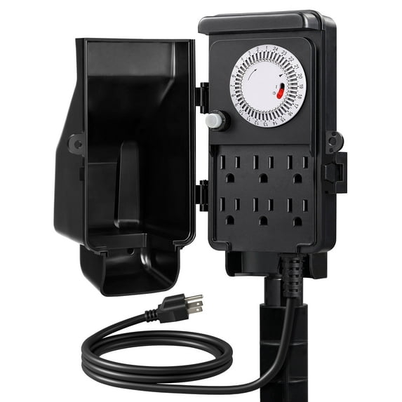 DEWENWILS Mechanical Outdoor Power Stake Timers for 6 Outlets, 6FT Extension Cords, Garden Power Strip Stake Timers for for Holiday/Christmas Decor, Lights, 24 Hour Multi Socket Timer,1800W/15A