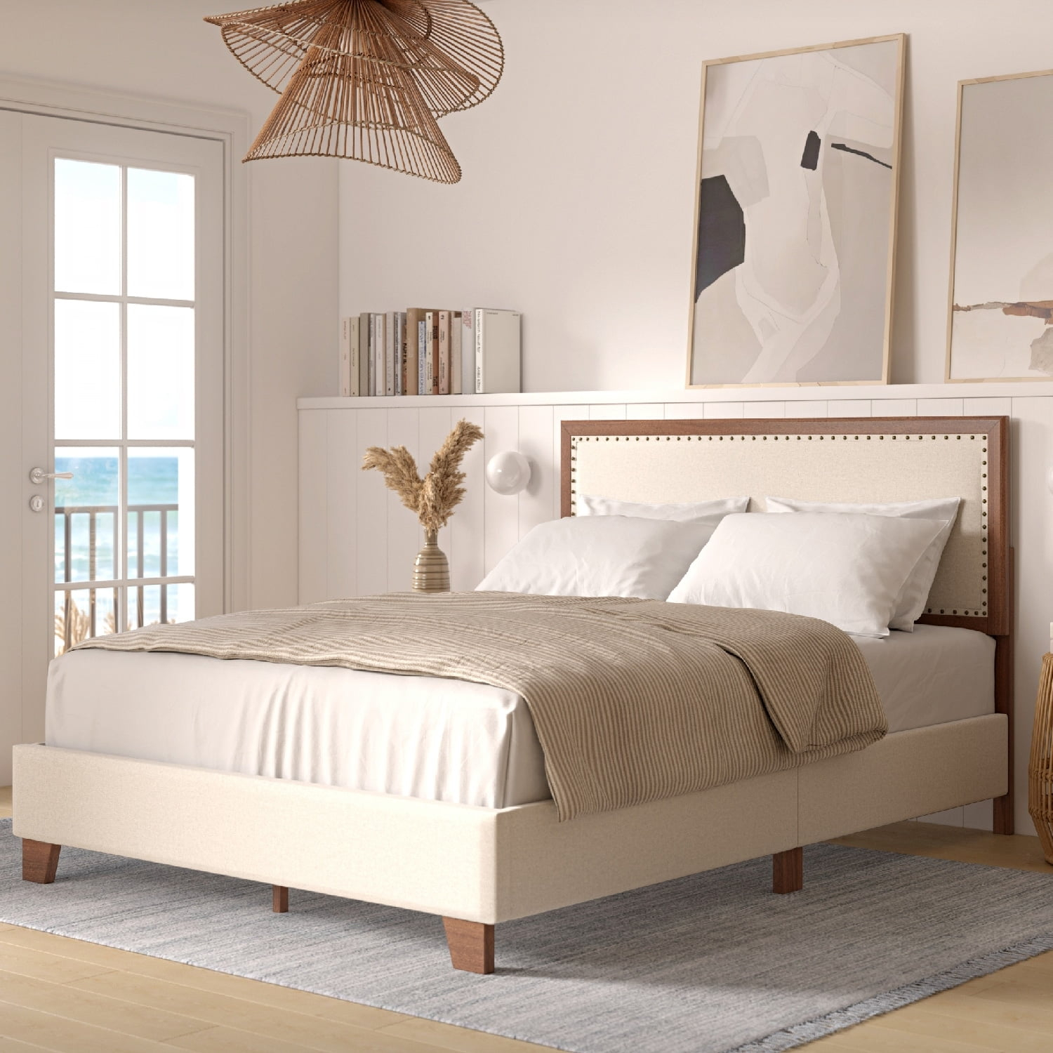 DG Casa Toni Queen Fabric Upholstered Platform Bed Frame, Nail Head Boarder, Walnut Finish Cream - Queen