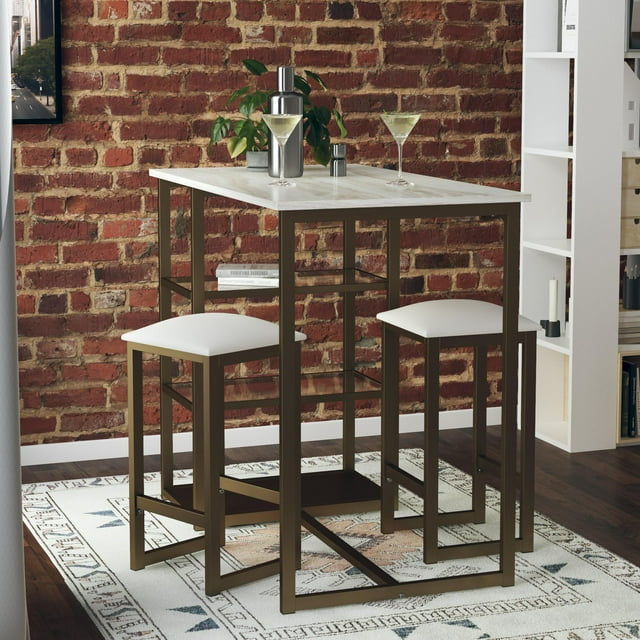 DHP Tanner 3-Piece Brass Counter Height Set with Faux Marble Top, White