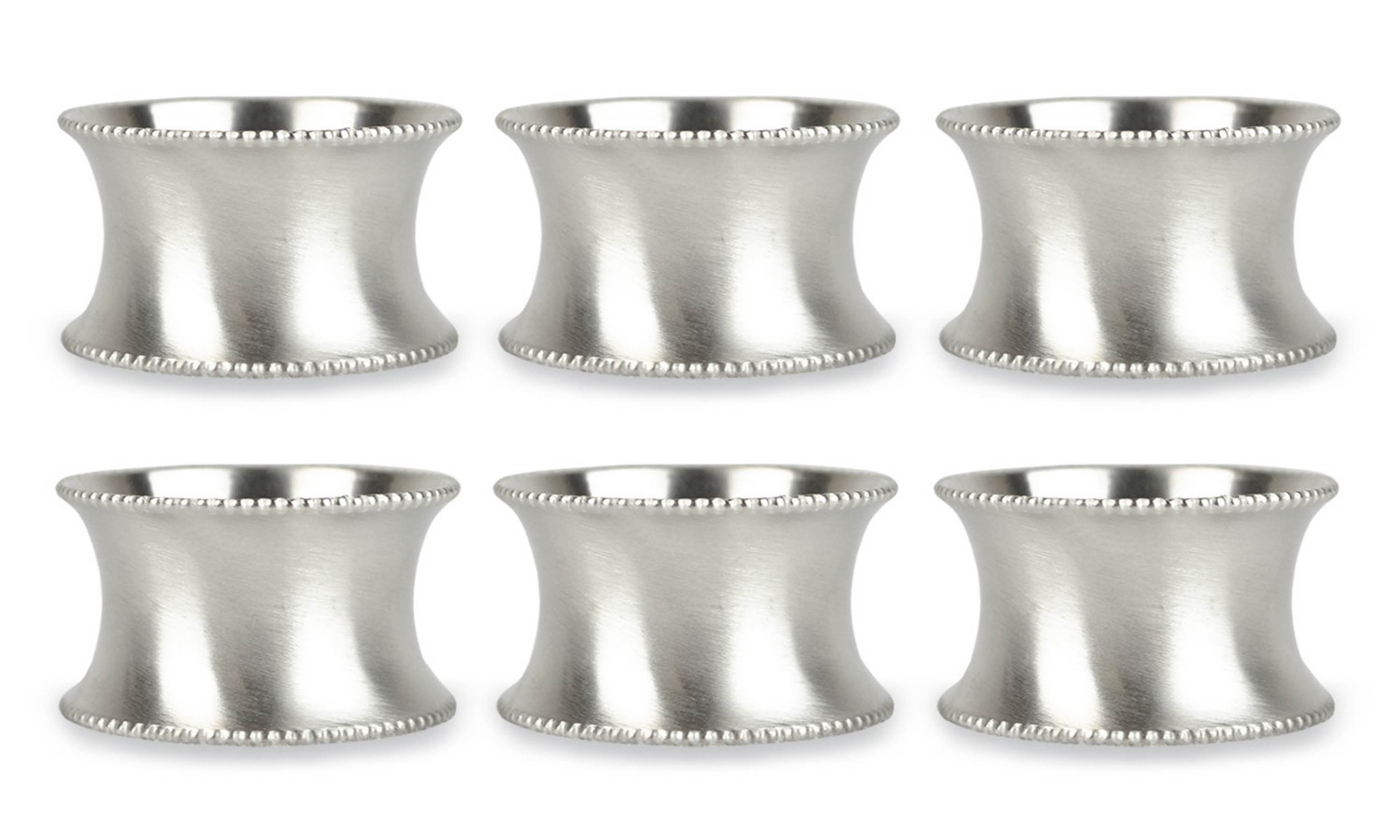 DII Metallic Silver Napkin Ring Set 6 Piece, Beaded Edge