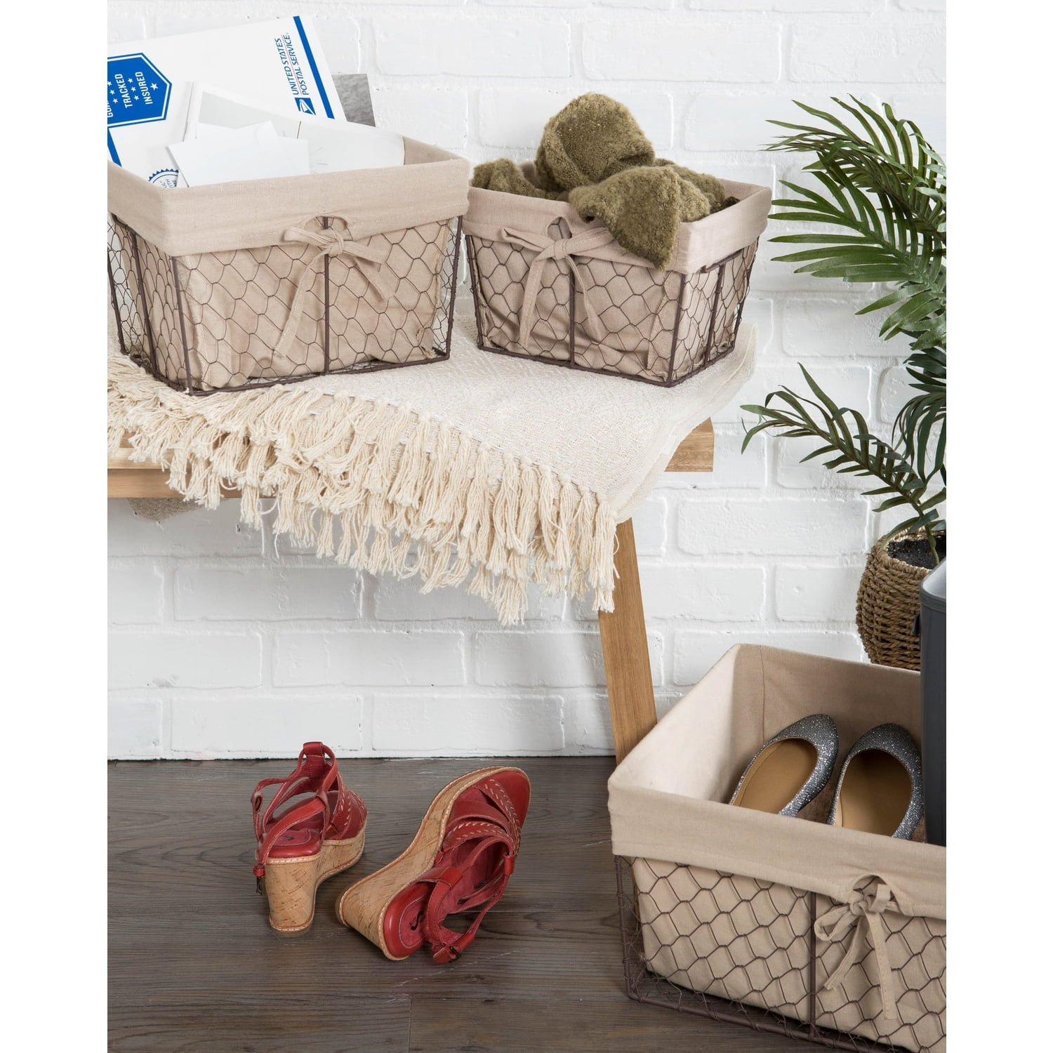 DII Chicken Wire Storage Baskets with Liner, Set of 3, Rustic Natural, Assorted Sizes