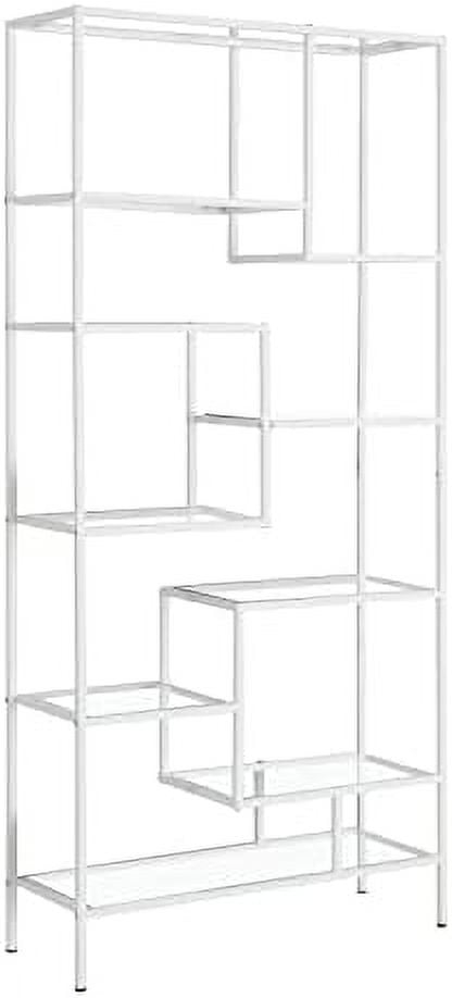 Alieon 7159 Bookshelf, Bookcase, Etagere, Office, Bedroom, Metal, Tempered, Contemporary, Modern Bookcase-72, 32" L x 12" W x 72" H, White/Clear Glass