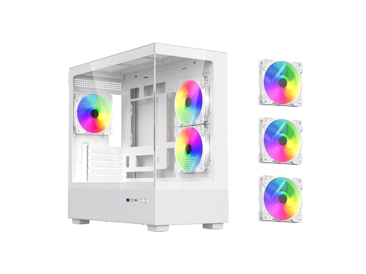 DIYPC ARGB-N1-W White USB3.0 /Type C Micro ATX Gaming Computer Case w/ Frameless Dual Tempered Glass Panel and 3 x ARGB 120mm Fans (Pre-Installed). Support 4090TI GPU and 360mm AIO