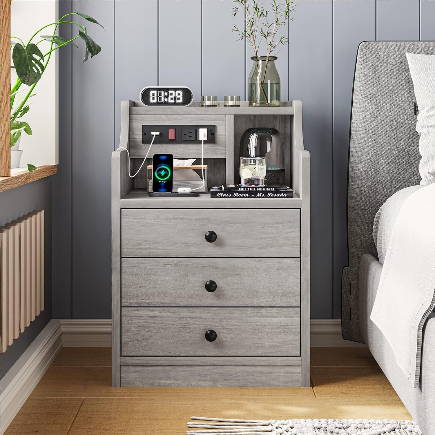Drevy Nightstand with Charging Station, Night Stand with Hutch & Storage Drawers, End Table Side Table Bedroom,Grey