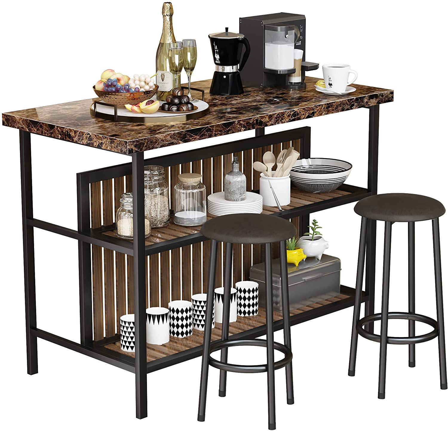 DKLGG Kitchen Island with Storage, 3 Piece Dining Table Set with 2 Tier Storage Shelves, Bar Table with Barstool, Sturdy Island Table with Chairs for Restaurant, Living Room