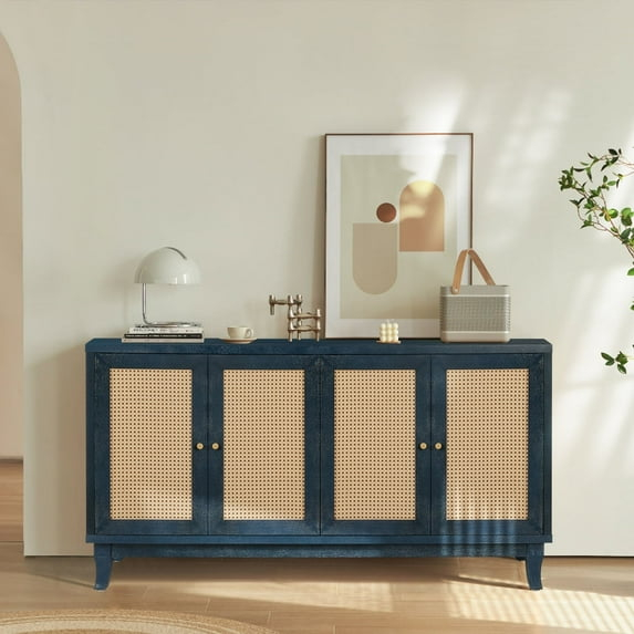 DKYNDSYN Rattan Sideboard Buffet Cabinet with 4 Doors & Adjustable Shelves Modern Storage Cupboard Console Table for Dining Room Living Room Bedroom Hallway Entryway, Antique Navy Blue
