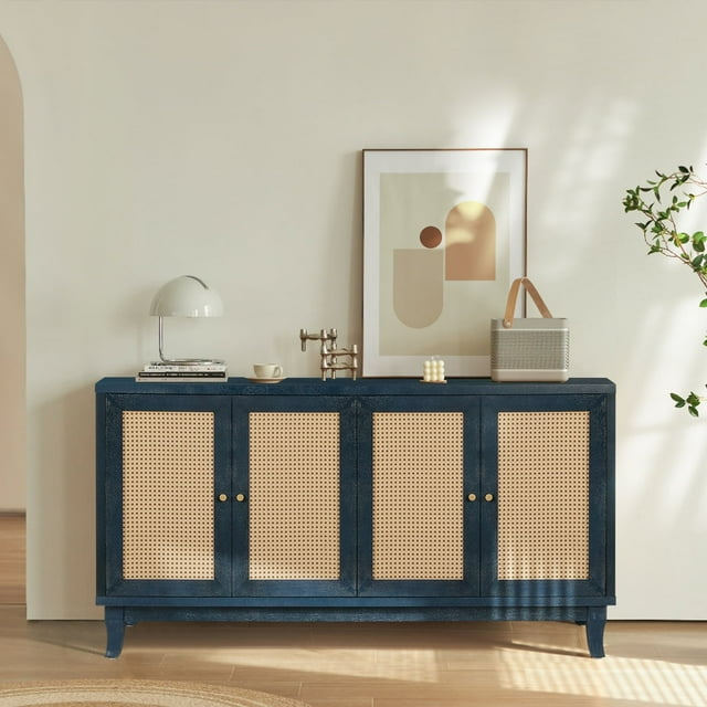 DKYNDSYN Rattan Sideboard Buffet Cabinet with 4 Doors & Adjustable Shelves Modern Storage Cupboard Console Table for Dining Room Living Room Bedroom Hallway Entryway, Antique Navy Blue