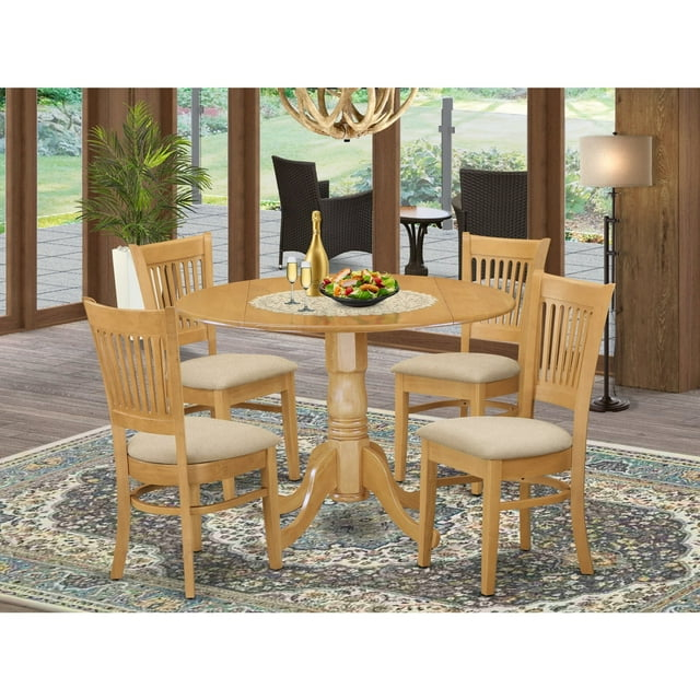 East West Furniture DLVA5-OAK-C Dublin 5PC Set - Round Table with two 9 in. Drop Leaves and 4 Vertical slat back microfiber seat chairs