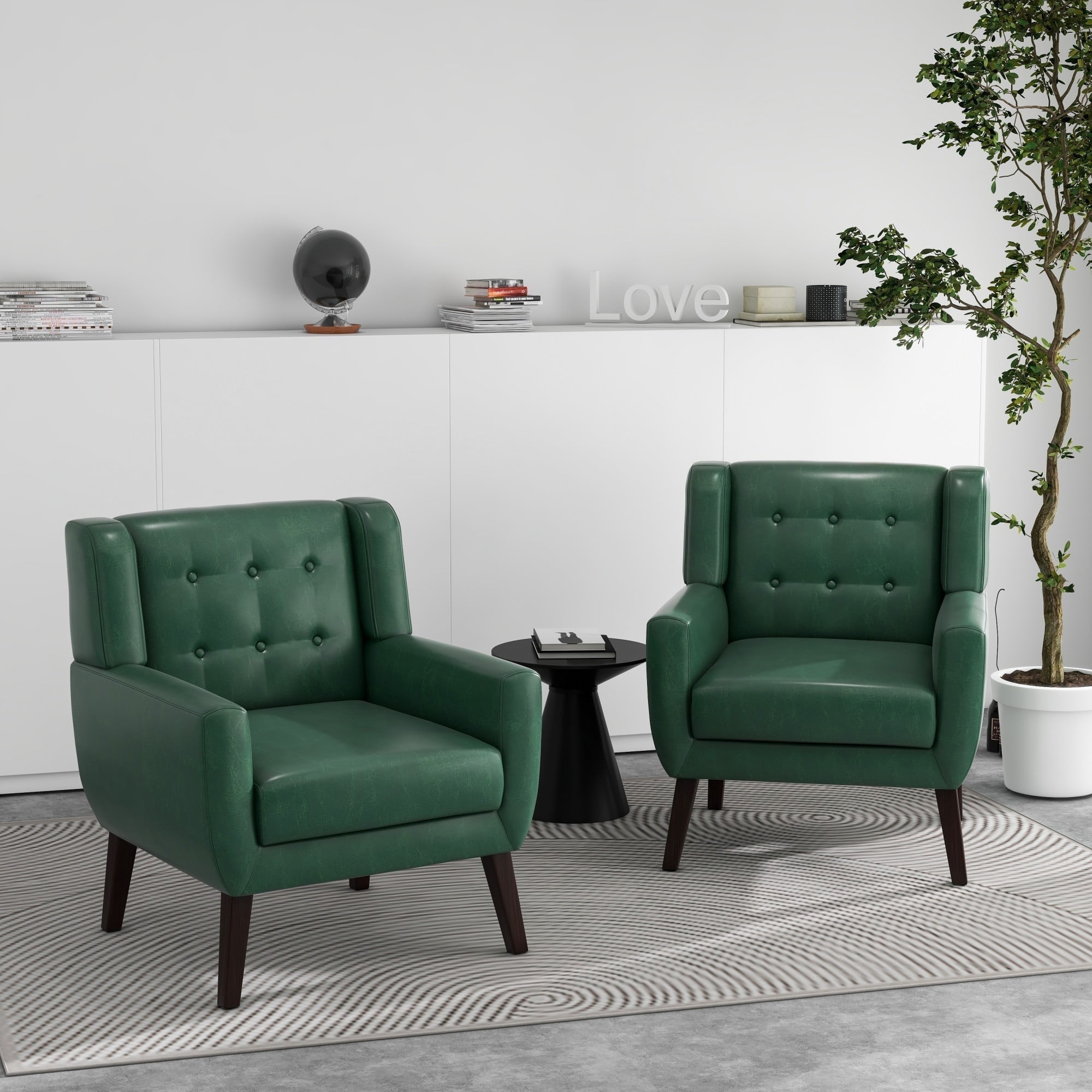 DREAMSIDEA Faux Leather Accent Chairs Set of 2 for Living Room Morden Upholstered Armchair Green Chairs for Bedroom