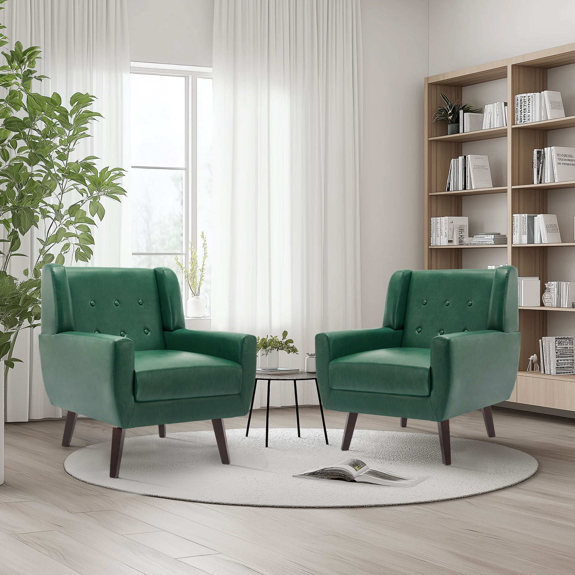 DREAMSIDEA Faux Leather Accent Chairs Set of 2 for Living Room Morden Upholstered Armchair Green Chairs for Bedroom