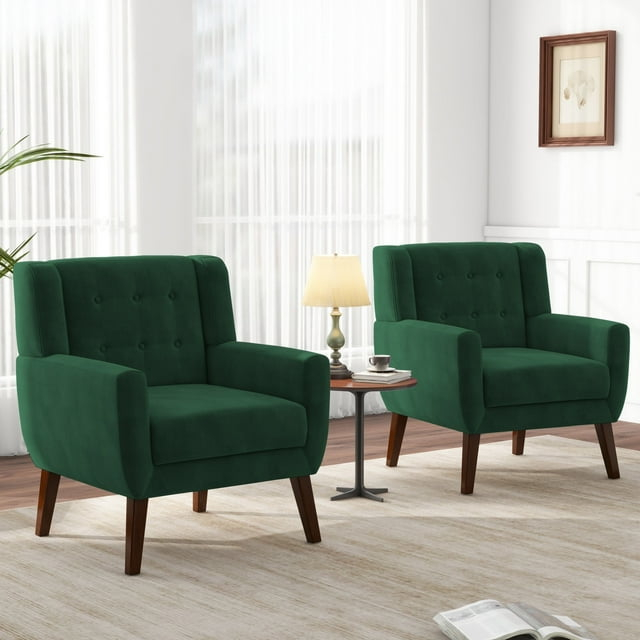 DREAMSIDEA Modern Button Tufted Accent Chair Set of 2 Upholstered Armchair Indoor,Velvet Living Room Chair for Bedroom, Retro Green