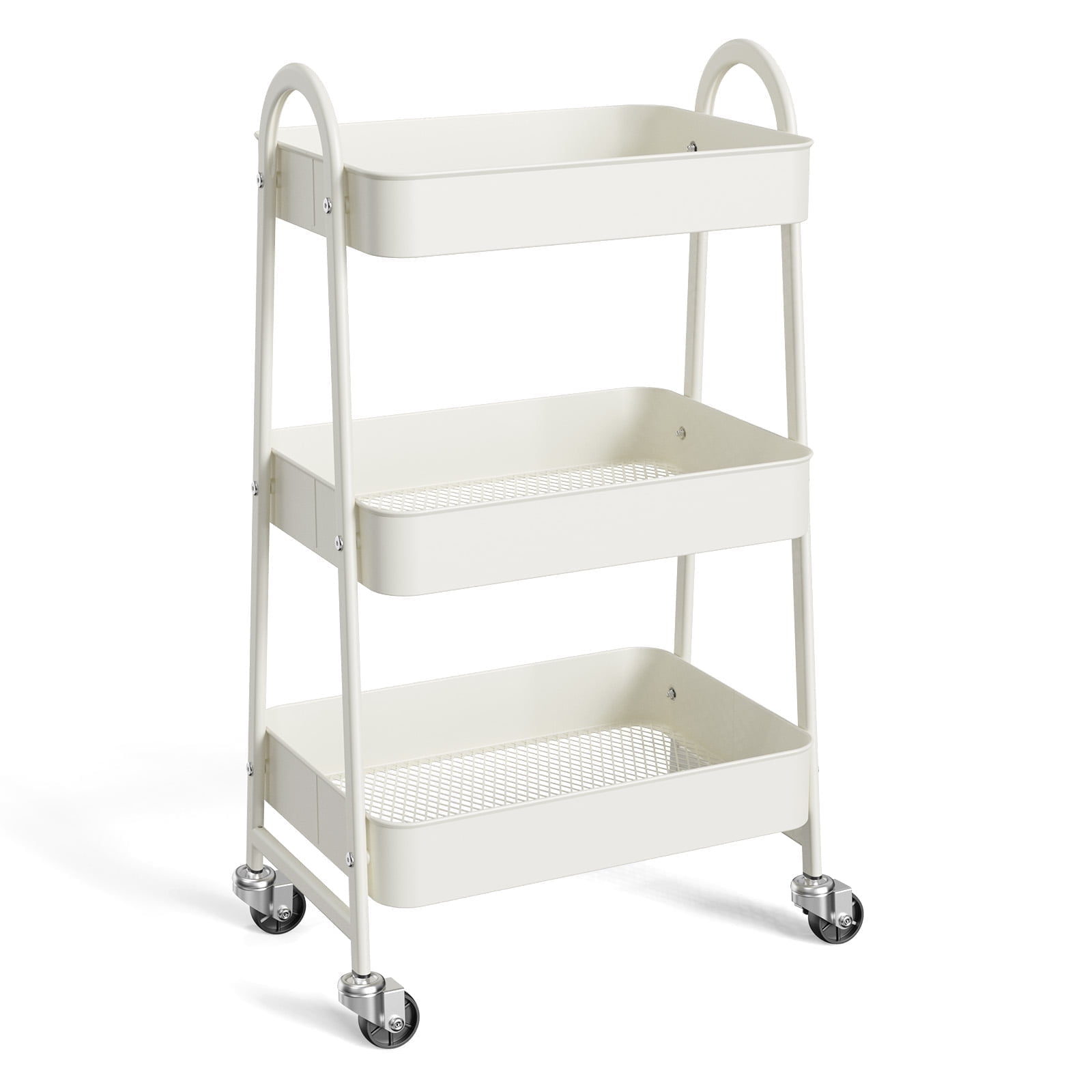 ZUNMOS 3 Tier Utility Rolling Cart, Metal Mobile Storage Cart with Lockable Caster Wheels, Storage Shelves Organizer Cart for Livingroom, Bathroom, Kitchen, & Narrow Places, White