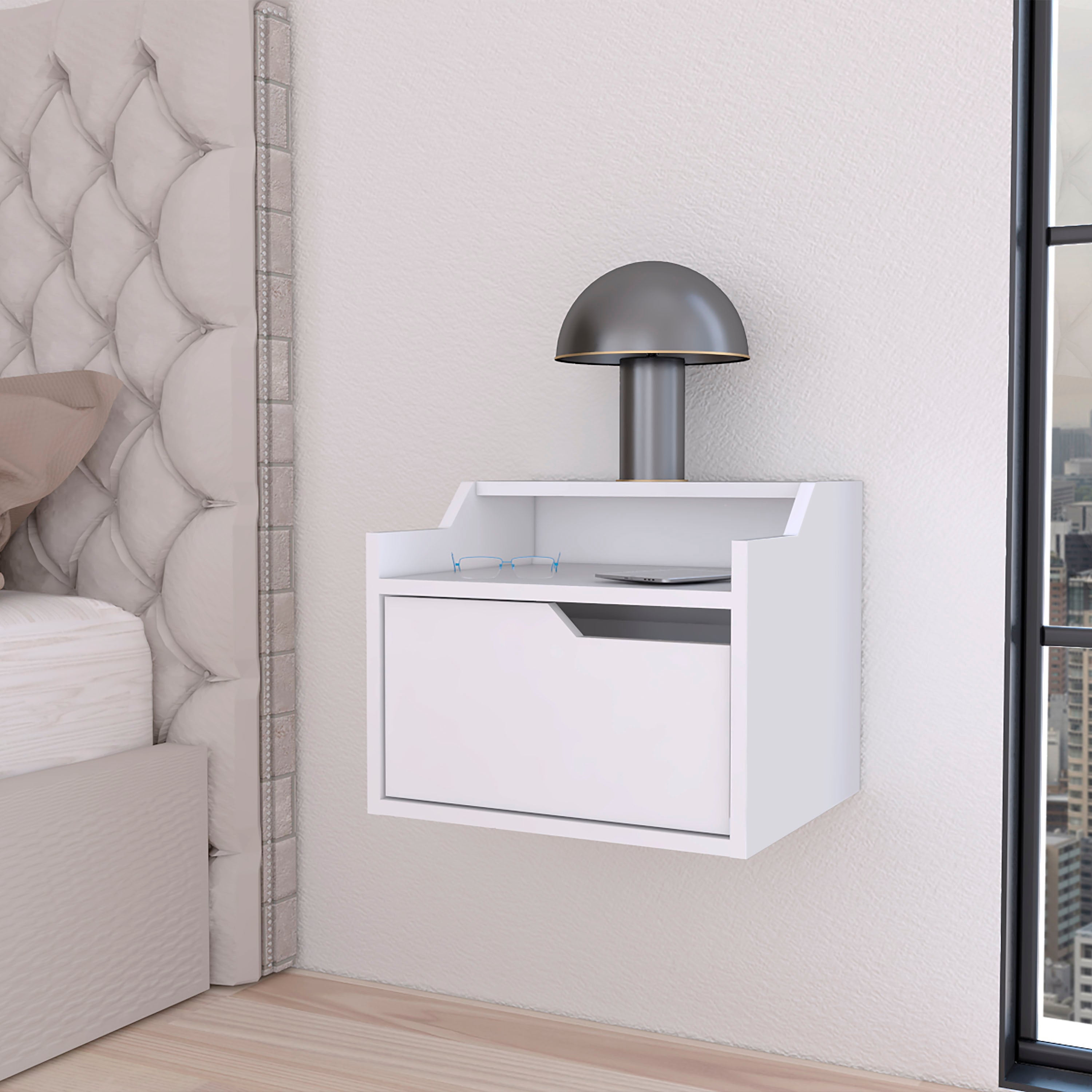 Floating Nightstand – 15.7" Wide Wall-Mounted Shelf – Dual Display Shelves + Hidden Drawer – Space-Saving Modern Design