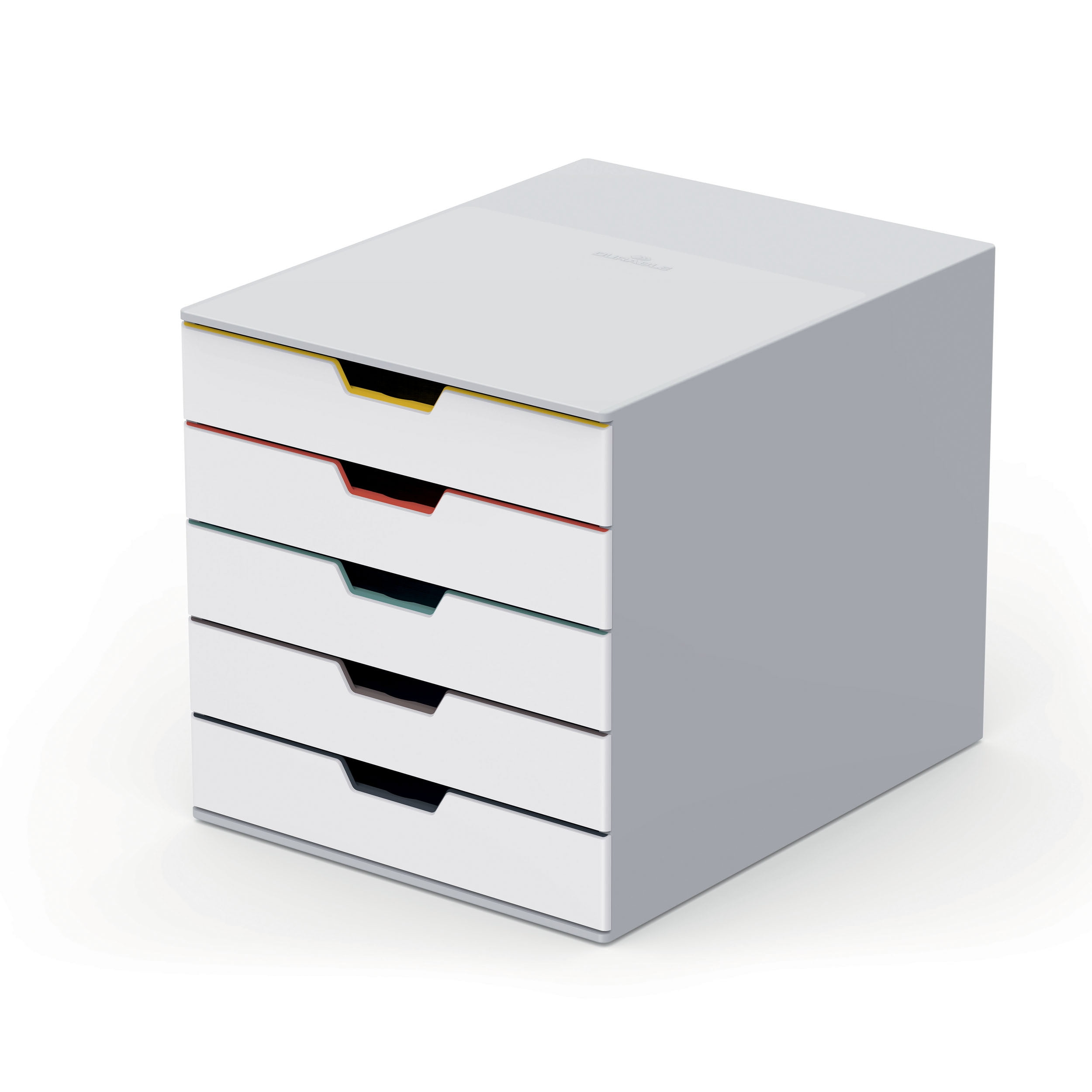 DURABLE Desktop Drawer Organizer (VARICOLOR MIX 5 Compartments with Removable Labels) 11" w x 14" d x 11.375" h, White & Multicolored (762527)