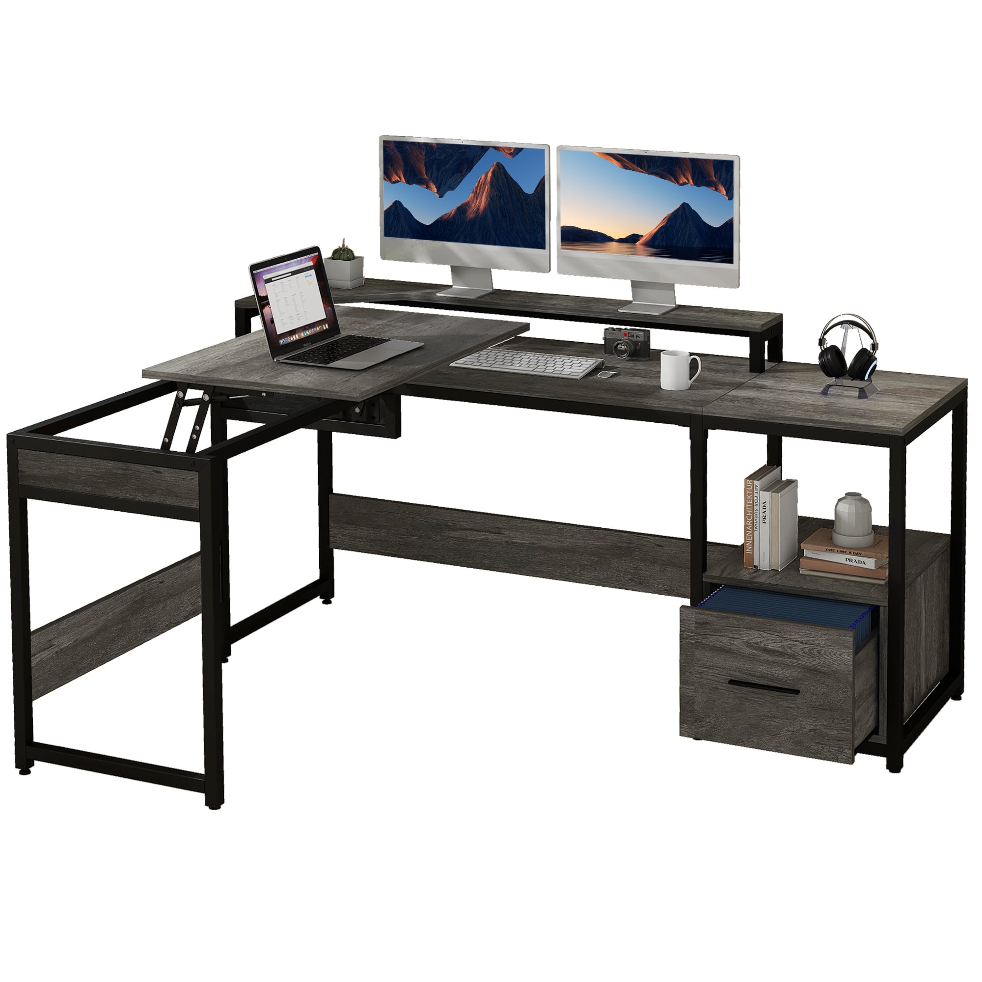 L Shaped Computer Desk with File Drawer, 65" L Shaped Desk with Monitor Stand, Height Adjustable Standing Desk , Gray