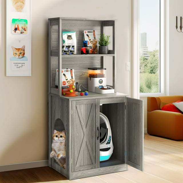 DWVO Large Hidden Cat Litter Box Enclosure Furniture with 2 Shelf Cat Washroom Storage with Charging Station，Wooden Cat Cabinet for Litter Box - Gray
