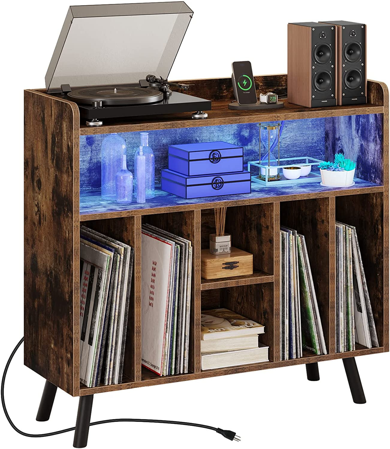 Moasis Large Record Player Stand with Power Outlets and LED Lights Turntable Stand Brown