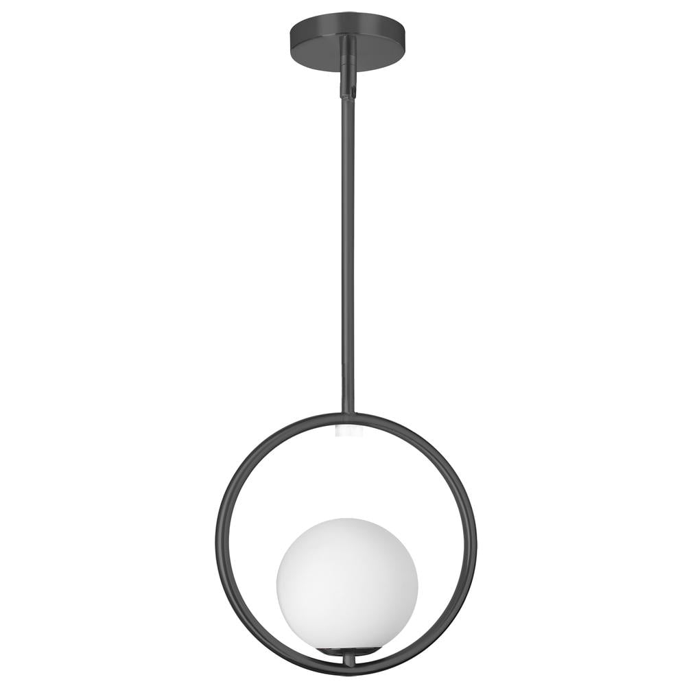 10 in. Adrienna 1 Light Halogen Pendant, Matte Black with White Opal Glass