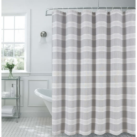 Dainty Home Madison Striped Textured Embossed Weaved Striped Cotton Feel Designed Fabric Shower Curtain 70W x 72L in Silver