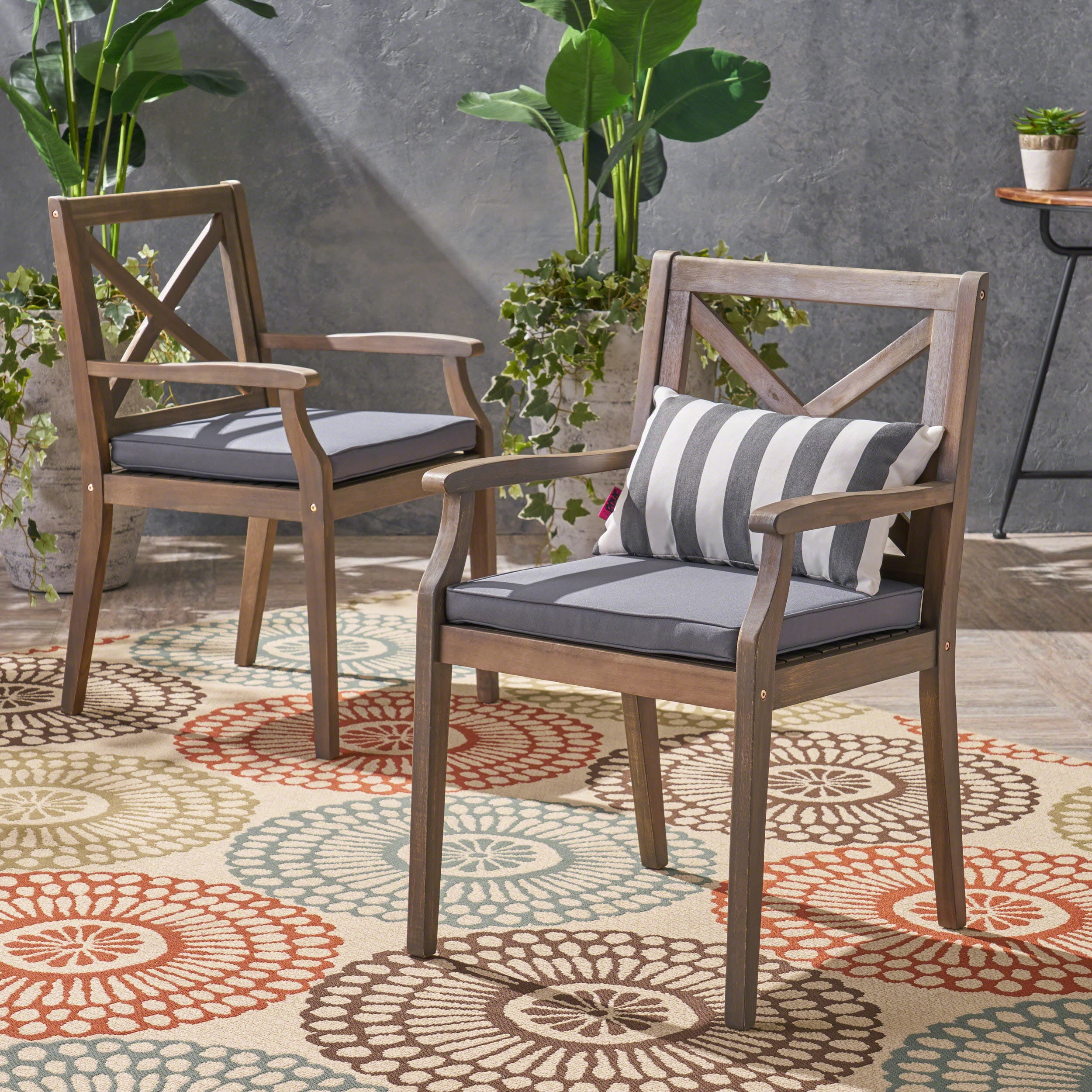 Noble House Perla Wooden Patio Dining Arm Chair in Gray (Set of 2)
