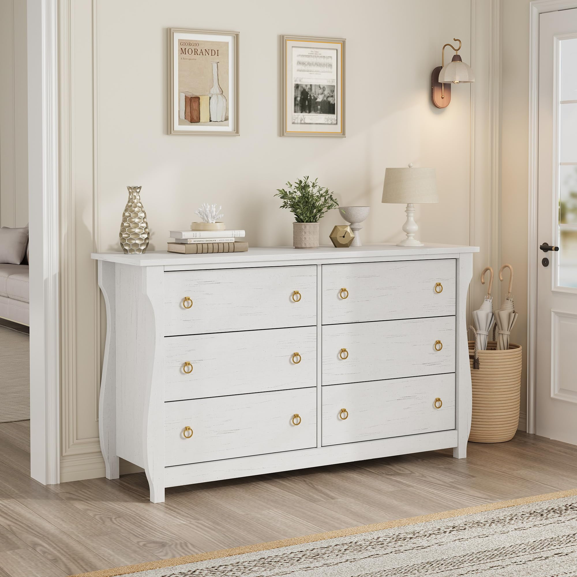 White 6-Drawer Bohemian Dresser with Curved Legs and Rattan Accents
