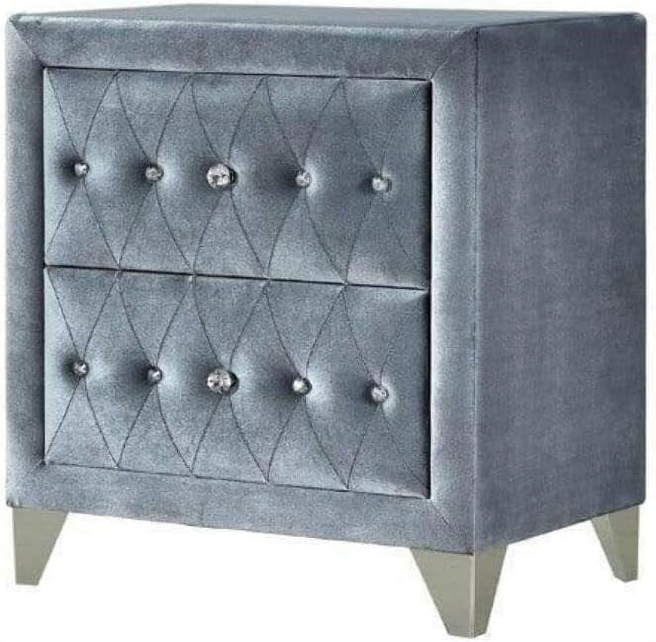 ACME Dante Crystal-Like Knob Velvet Upholstered 2-Drawer Nightstand in Gray