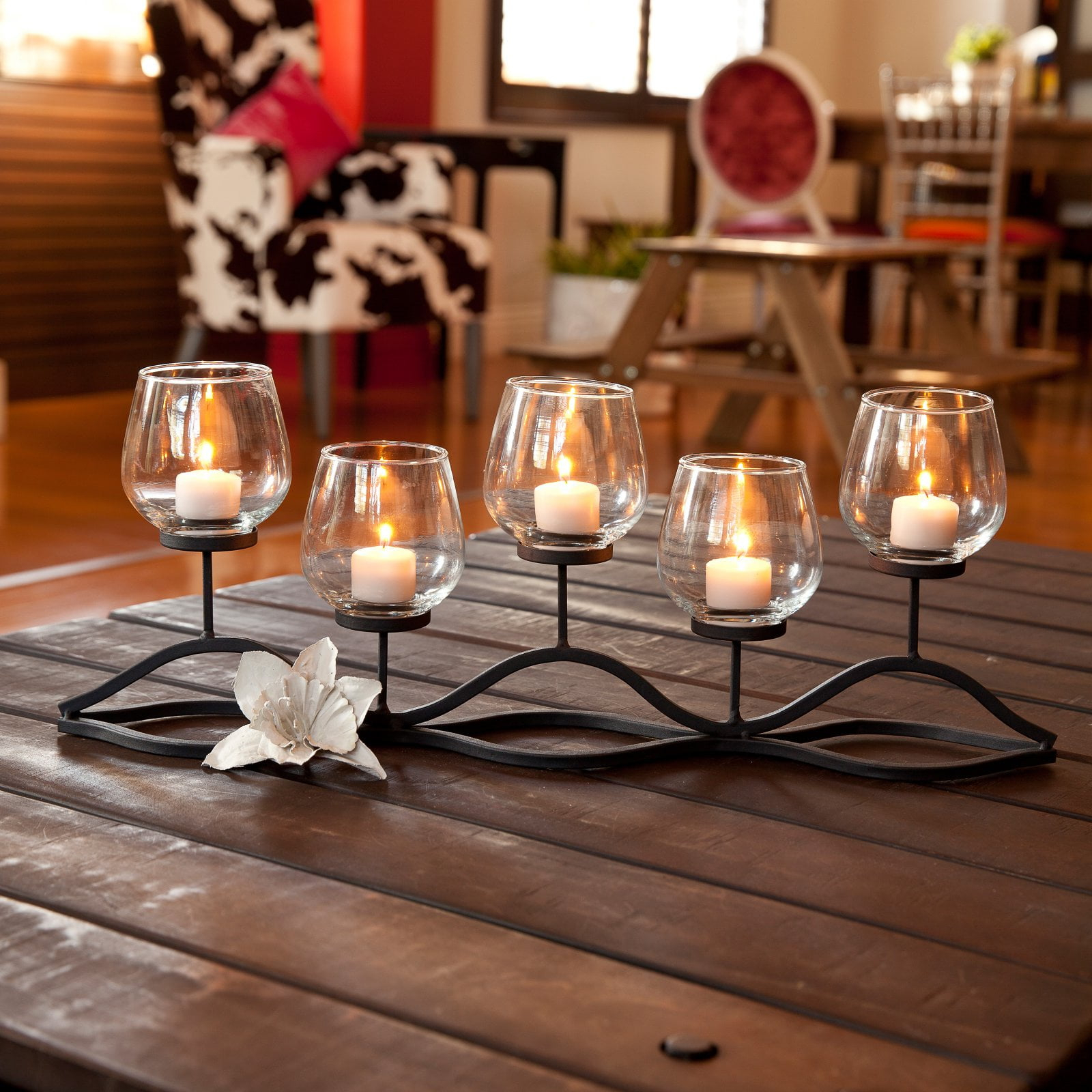22" x 8" Decorative Iron 5-Tealight Candle Holder Black - Danya B: Glass & Iron, Tabletop Hurricane Centerpiece