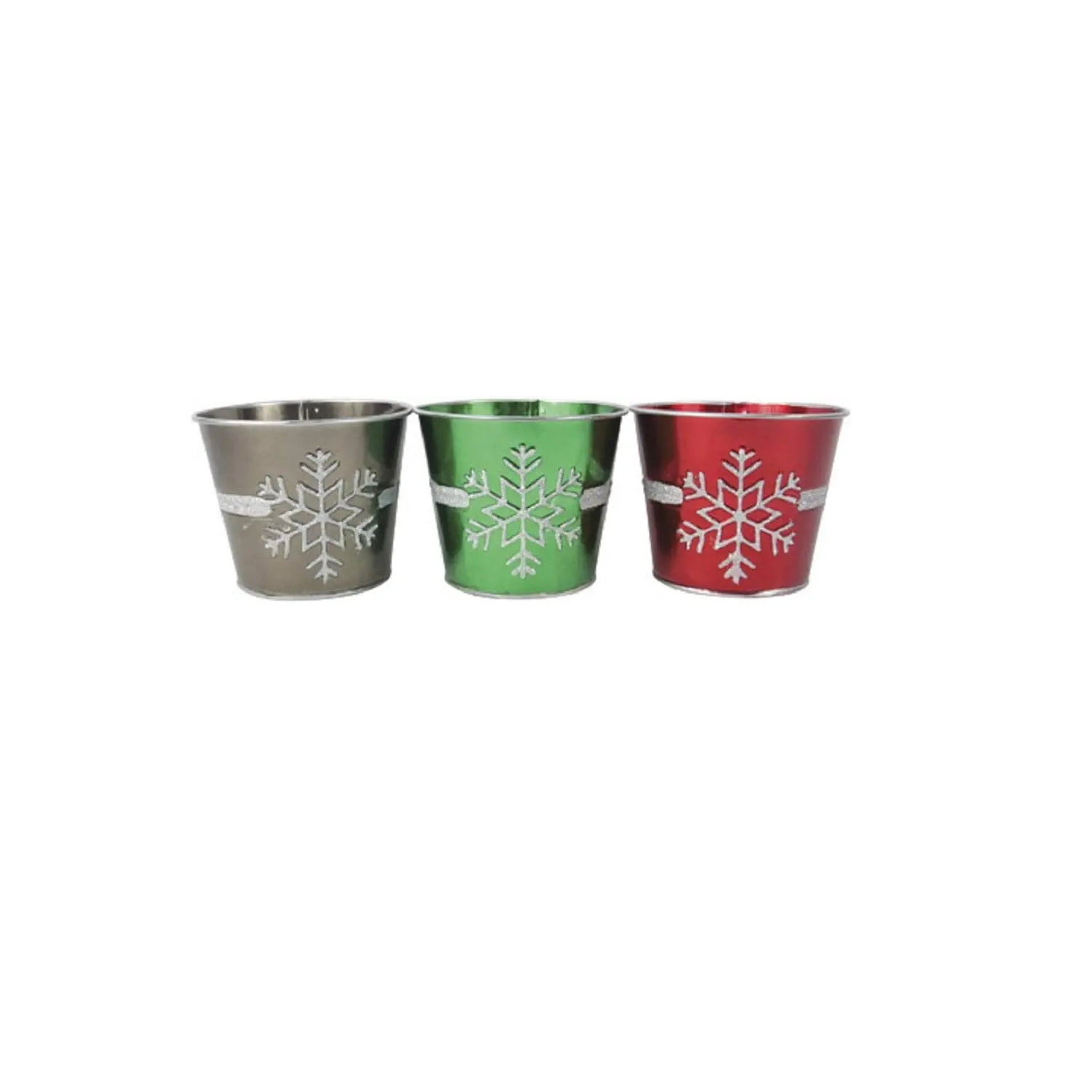 Darice Juego de 3 Macetas Decorativas de Navidad con Copos de Nieve con Purpurina Roja, Verde y Plateada de 5"