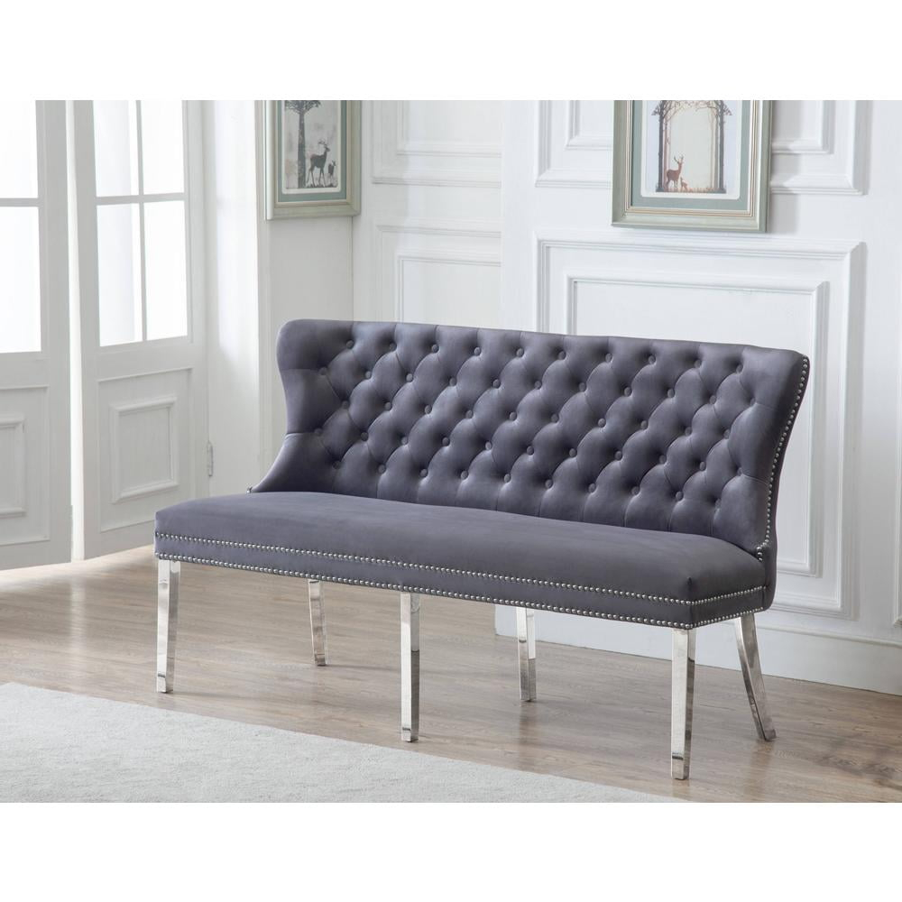 Dark Gray Velvet Bench with Tufted Seat and Silver Stainless Steel Legs