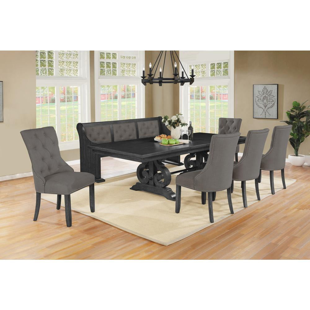 Dark Gray Wood Dining Set with Extendable Table + Gray Linen Chairs + Bench