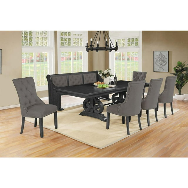 Dark Gray Wood Dining Set with Extendable Table + Gray Linen Chairs + Bench