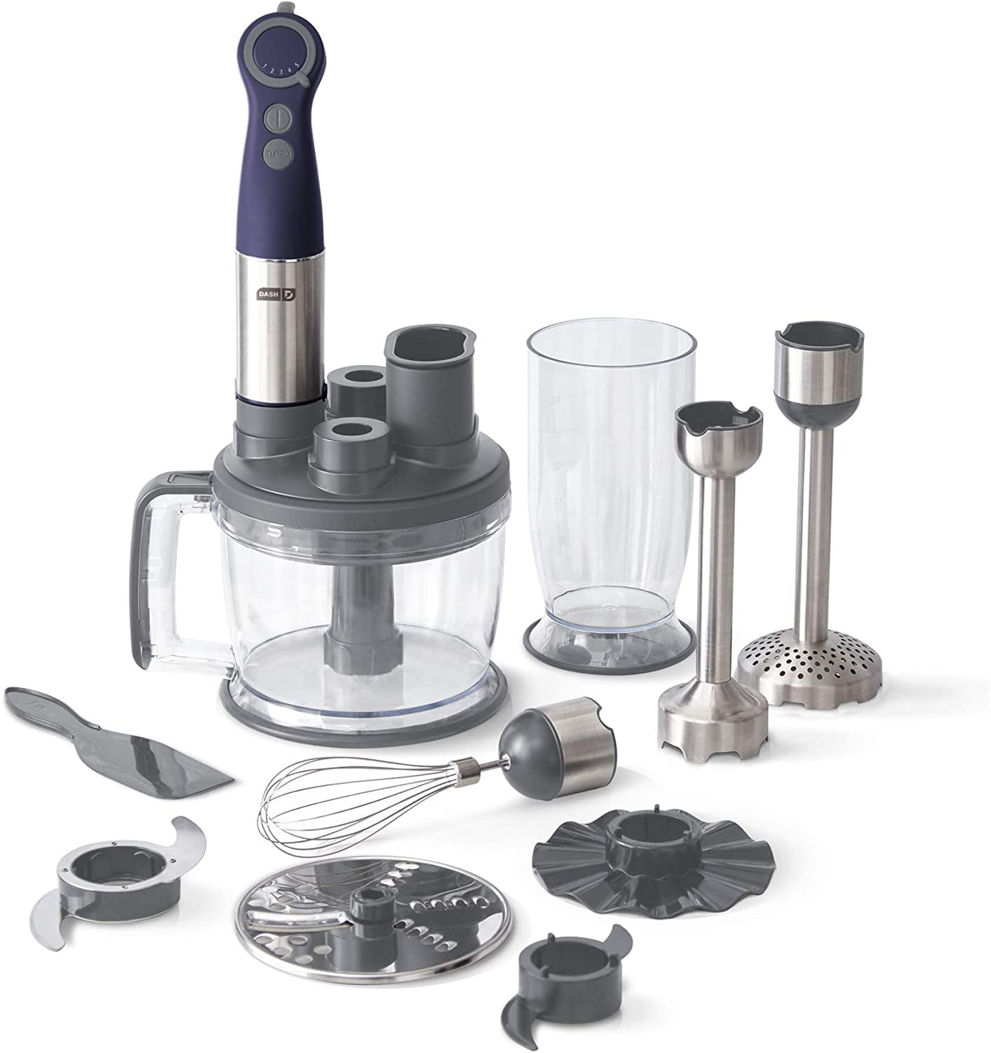 Dash Chef Series Deluxe Immersion Hand Blender, 5 Speed Stick Blender, Stainless Steel Blades, Dough Hooks, Food Processor, Grate, Mash, Slice, Whisk Attachments – Midnight - New