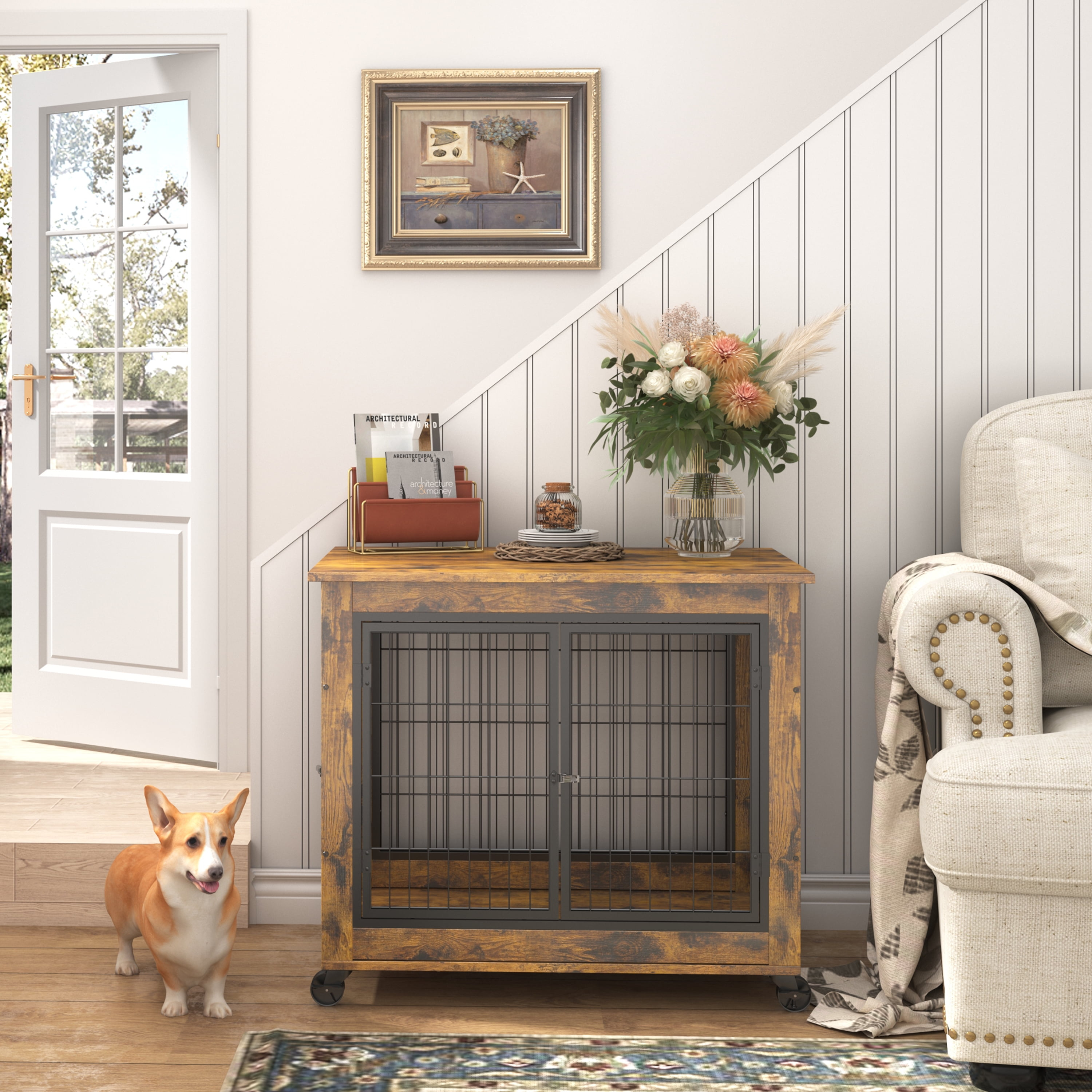 Rustic Brown Medium Rolling Dog Crate Table with Steel Frame