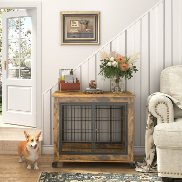 Rustic Brown Medium Rolling Dog Crate Table with Steel Frame