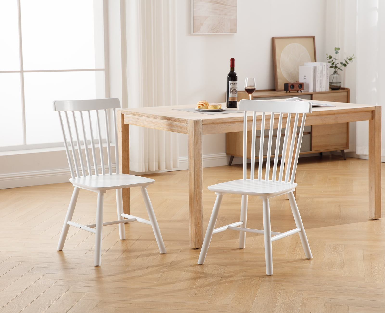 Dayalane Farmhouse Windsor Dining Chairs Set of 2, Solid Wood Spindle Back Dining Side Chairs, Mid-Century French Country Oak Kitchen Chairs for Dining Room Living Room Kitchen Restaurant, White