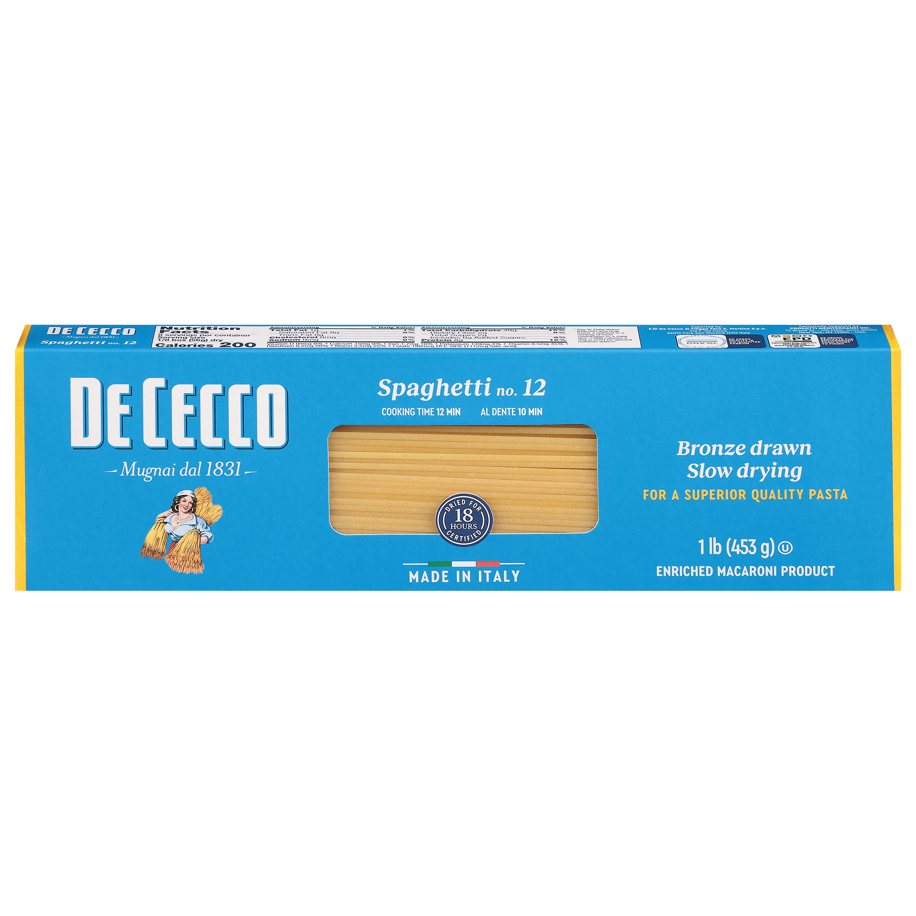 De Cecco Spaghetti no.12 Pasta, 1 LB. made from coarse Semolina (made from durum wheat). Non GMO and slow dried. Contains Wheat. May contain soy.