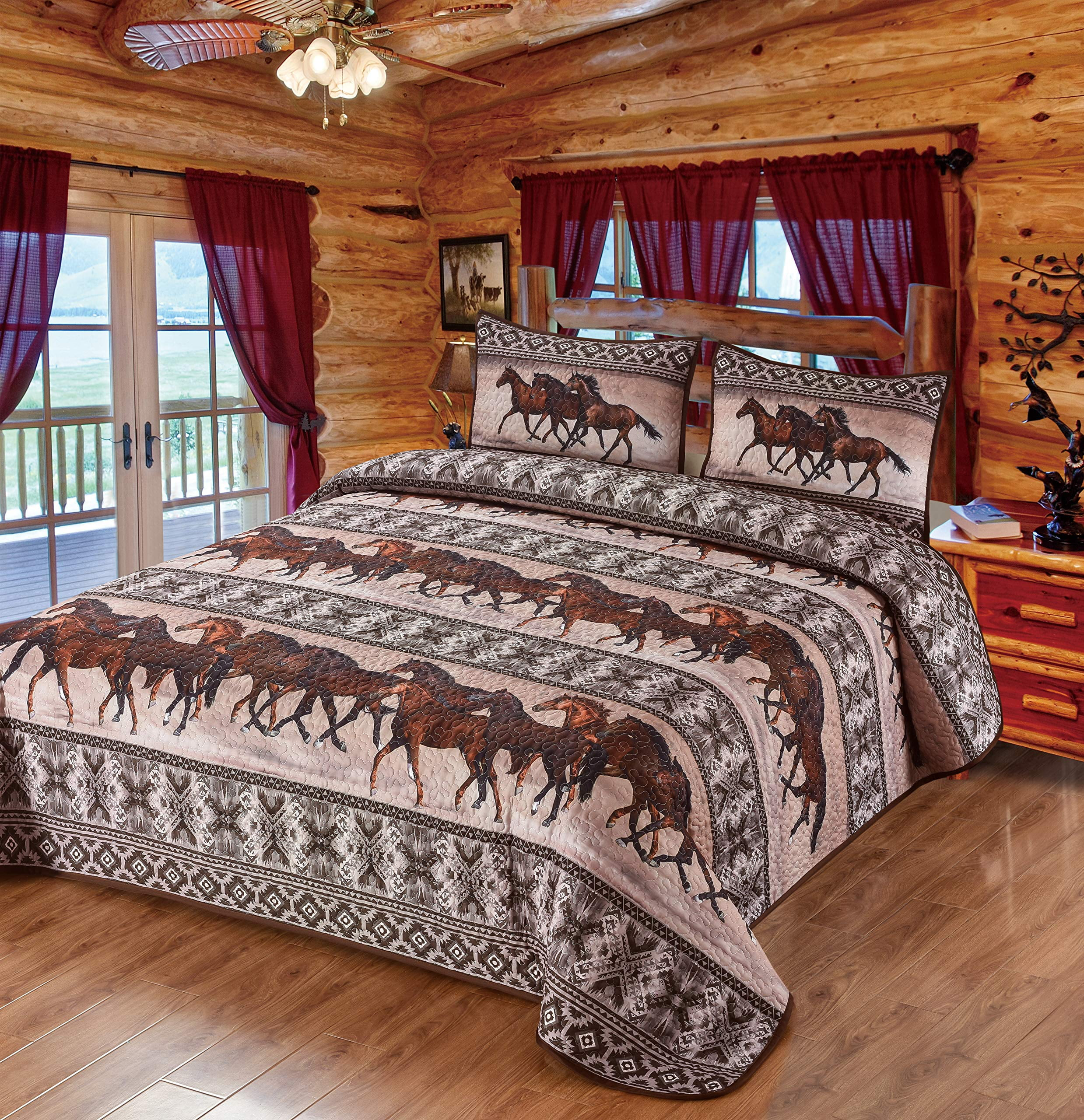 De Leon Collections Horse Valley Horse Valley Southwestern Geometric Boho Tribal Print Mustang Horse Decorative Quilt Bedding Set