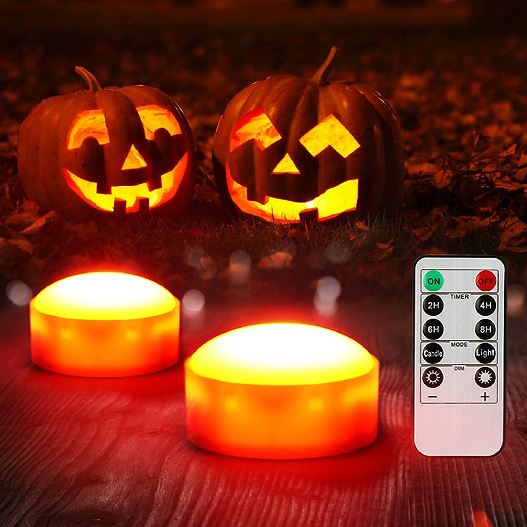 Deago 2 Pack Halloween LED Pumpkin Lights with Remote and Timers Battery Operated Orange Jack-O-Lantern Lights Flameless Candles for Halloween Decorations
