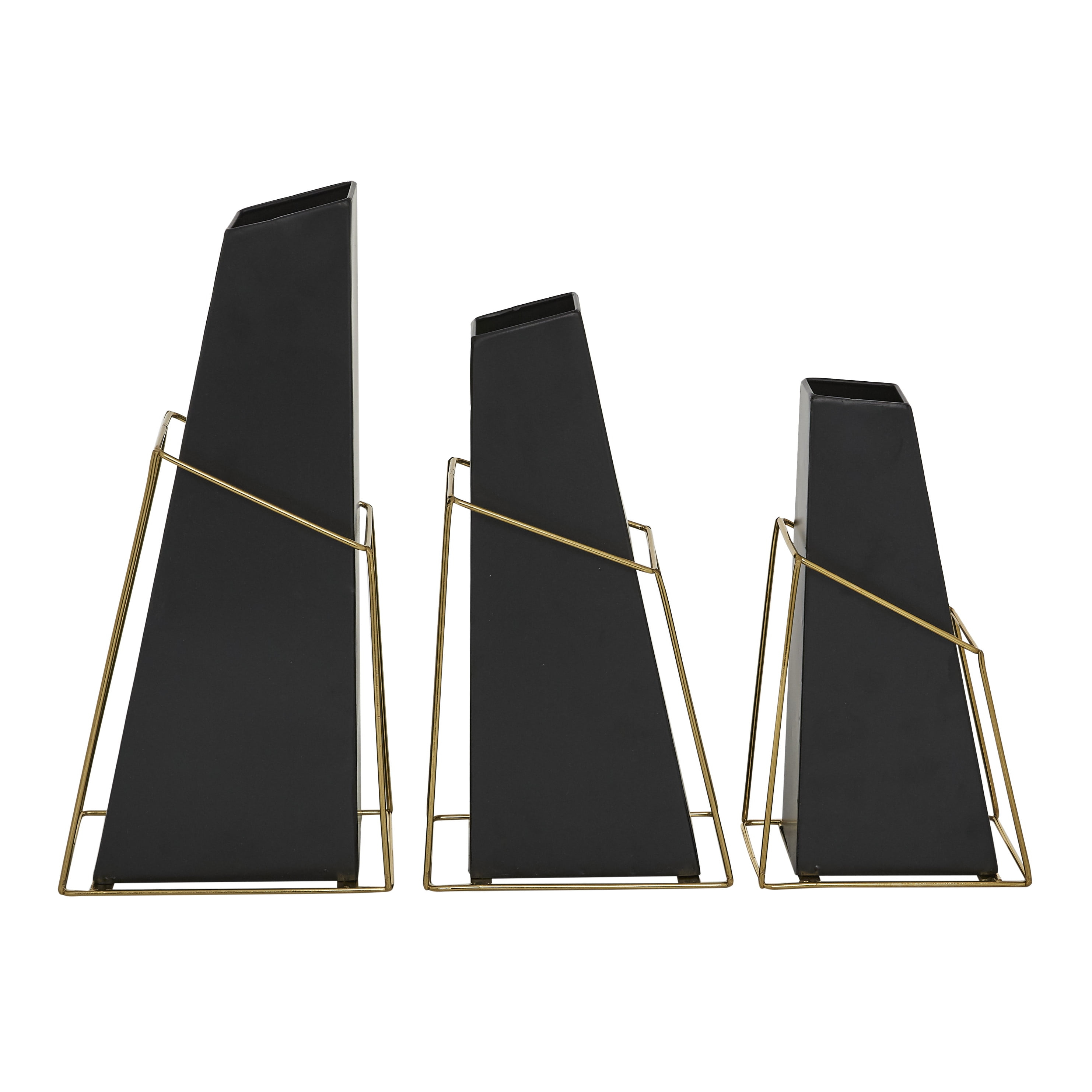 DecMode 10", 12", 14"H Black Metal Vase with Gold Wire Accents, Set of 3