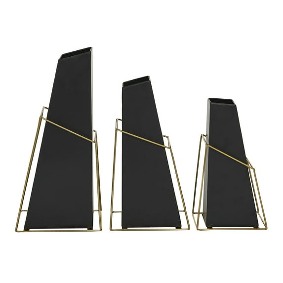 DecMode 10", 12", 14"H Black Metal Vase with Gold Wire Accents, Set of 3